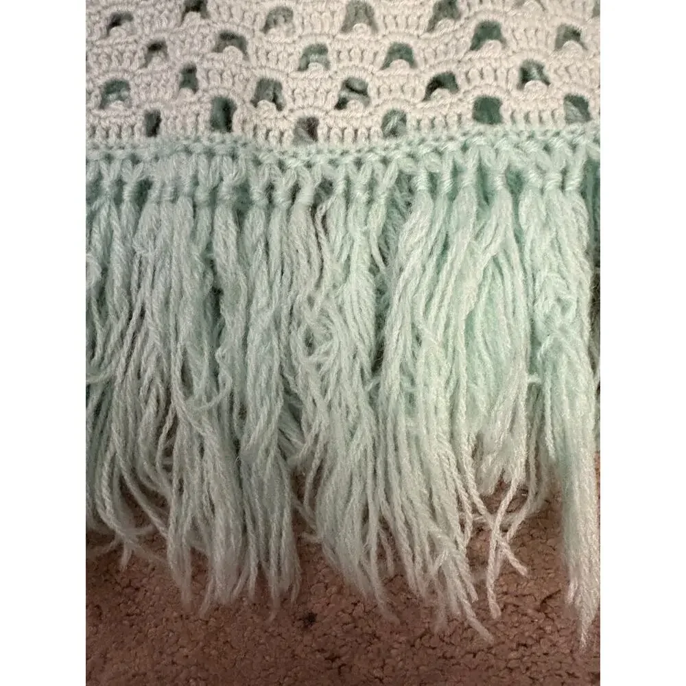 Handmade Knit Throw Shawl Lt Blue With Fringe Trim Rectangle 54” Long Textured